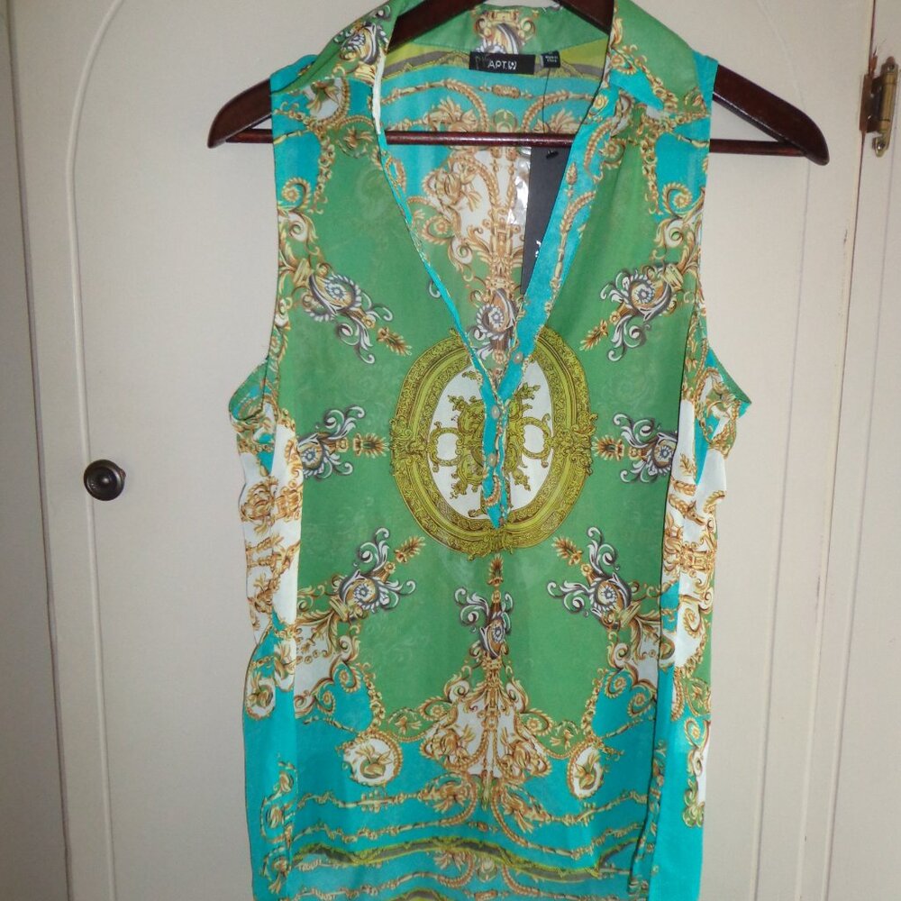 NWT Apt 9 Sleeveless Hi-Lo Tunic M Collared Side Slits Aqua /Green Multi V-Neck
